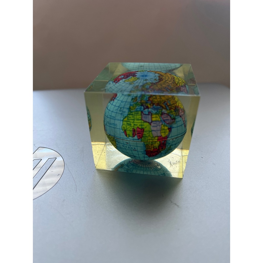 Vintage Lucite Globe Paperweight Resin Cube World Map Desk Decor 2 Inch